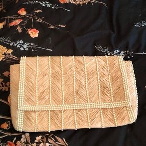 Anthropologie NWOT Beaded Pearl Raffia Blush Cream oversized clutch